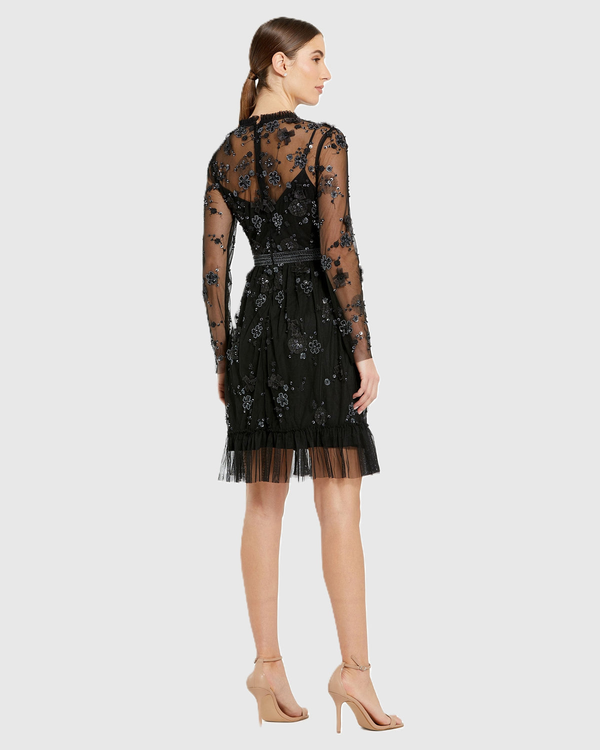 Black Sheer Long Sleeve Embellished Mini Dress