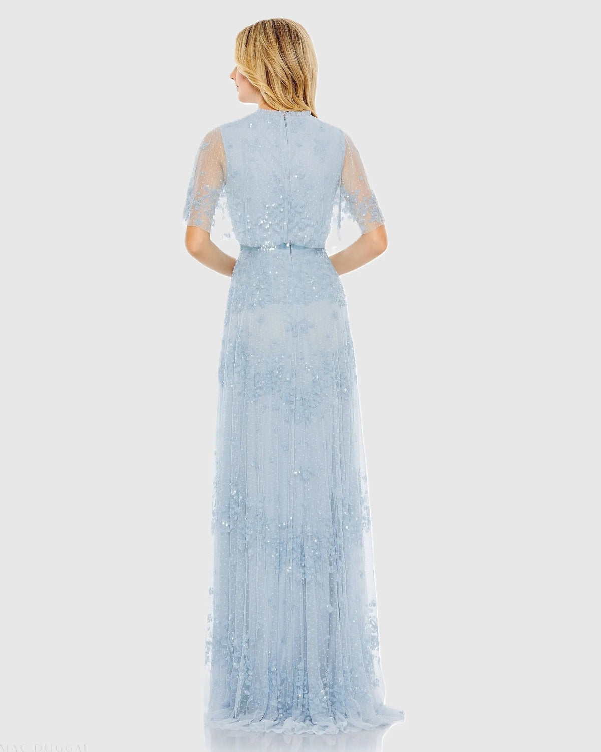 Blue Sequined High Neck Flutter Sleeve A Line Gown