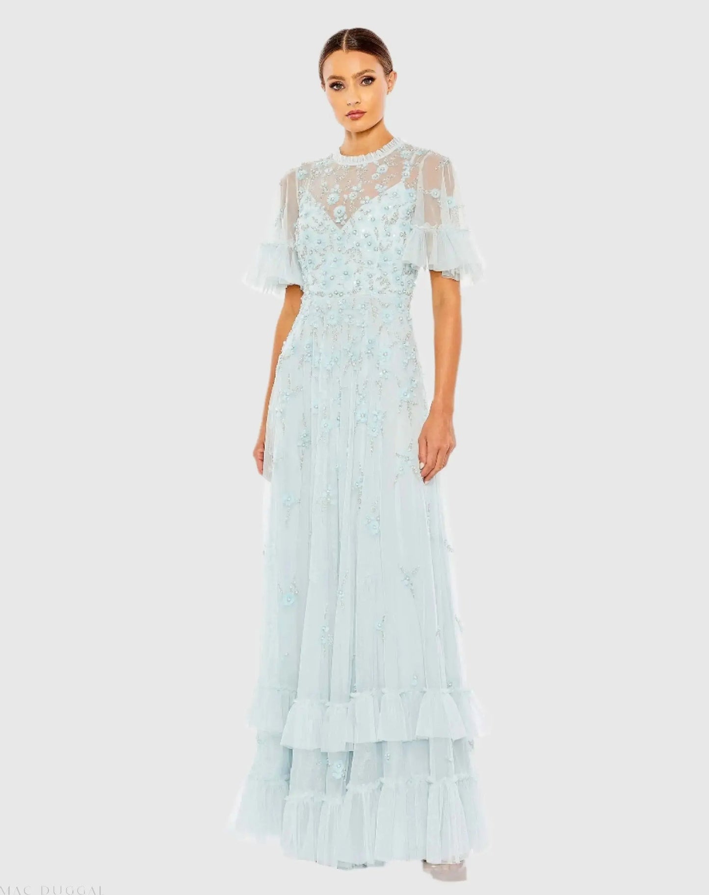 Ruffled Floral Embellished Flutter Sleeve A-Line Gown