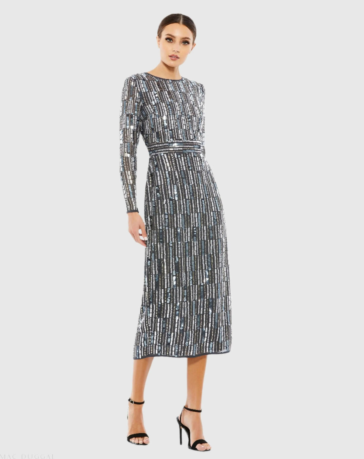 Gray Embellished High Neck Long Sleeve Fitted Dress