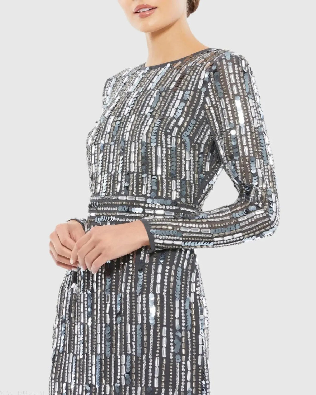 Gray Embellished High Neck Long Sleeve Fitted Dress