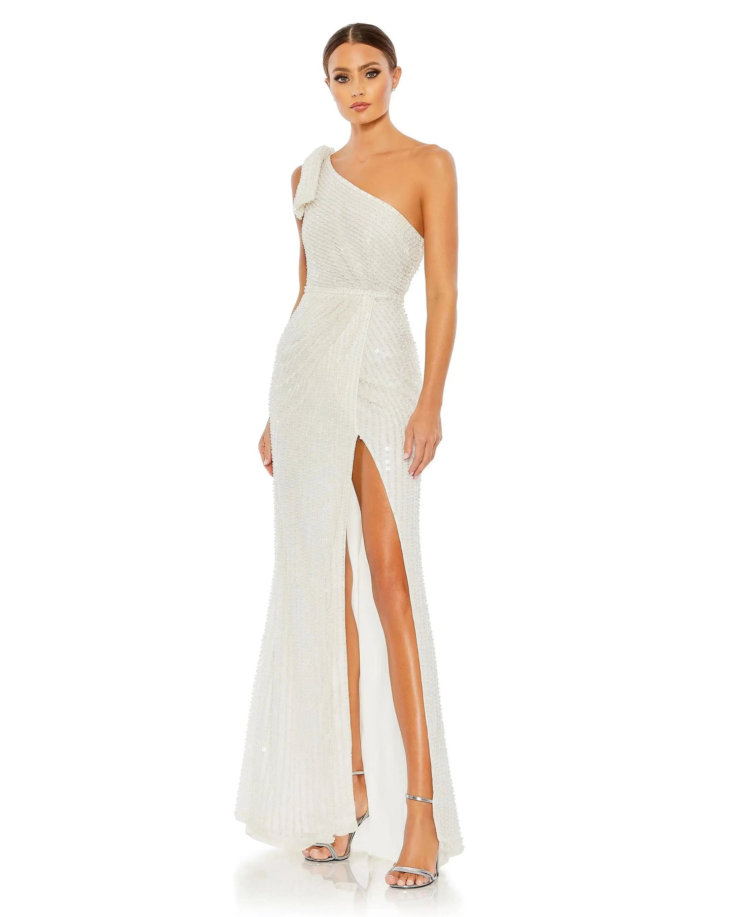 Pearl Embellished Soft Tie One Shoulder Gown