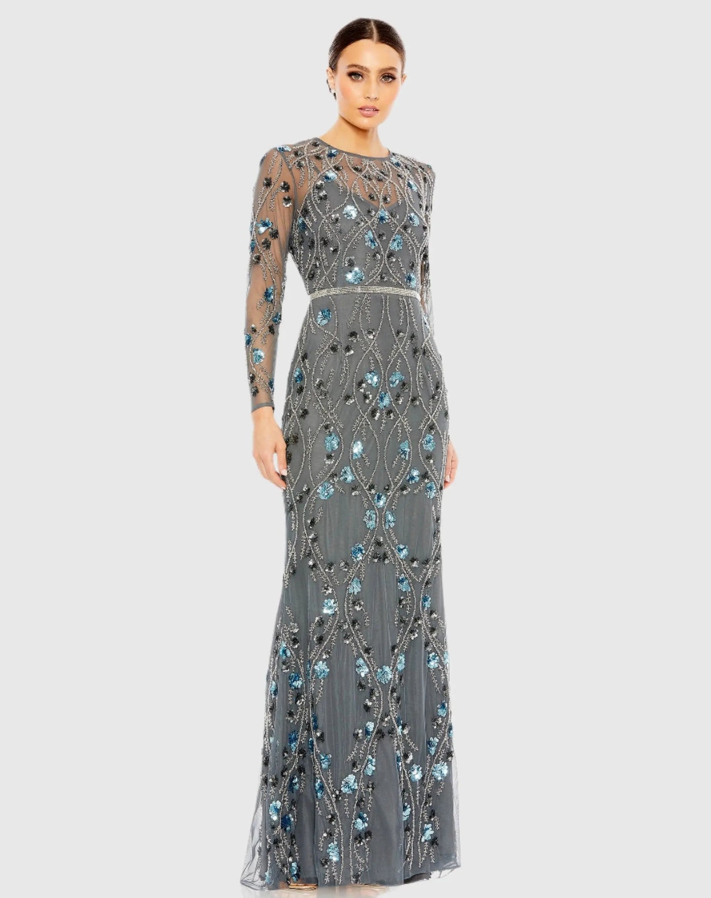 Gray Floral Embellished Long Sleeve Gown