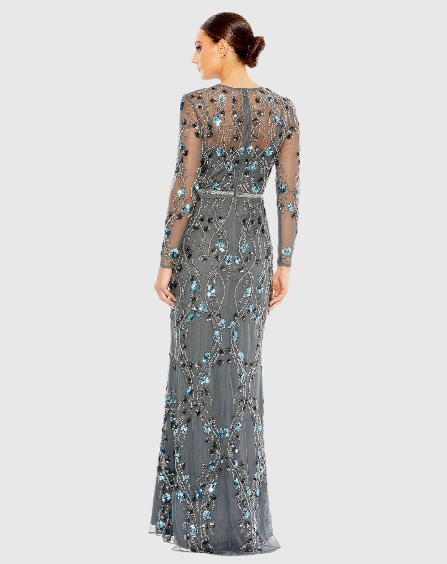 Gray Floral Embellished Long Sleeve Gown