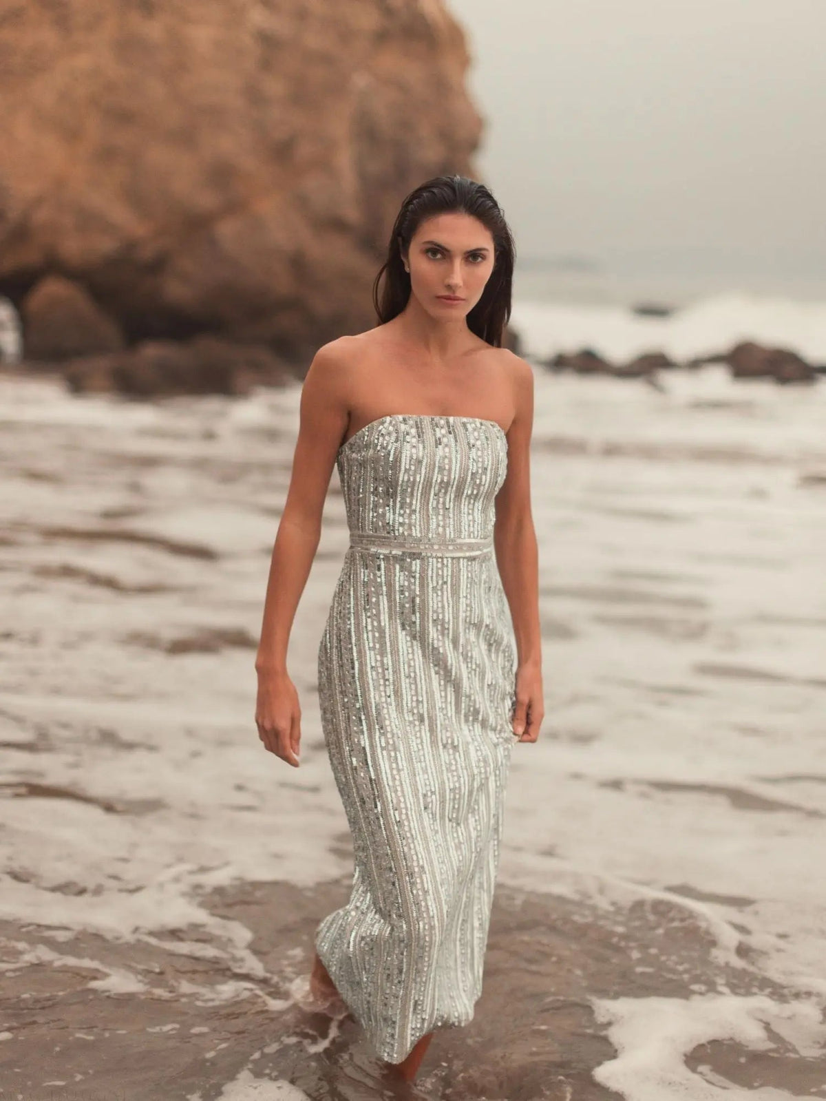 Silver and Beige Embellished Strapless Sheath Dress