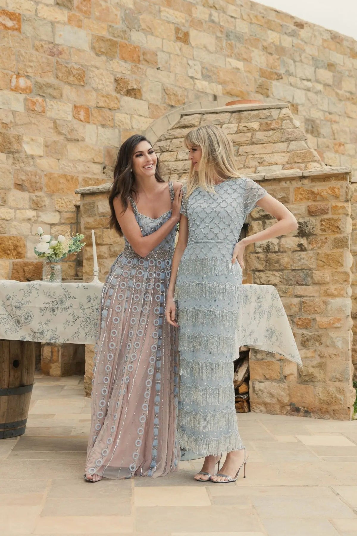 Blue Fringe Embellished Mesh Ankle Length Dress