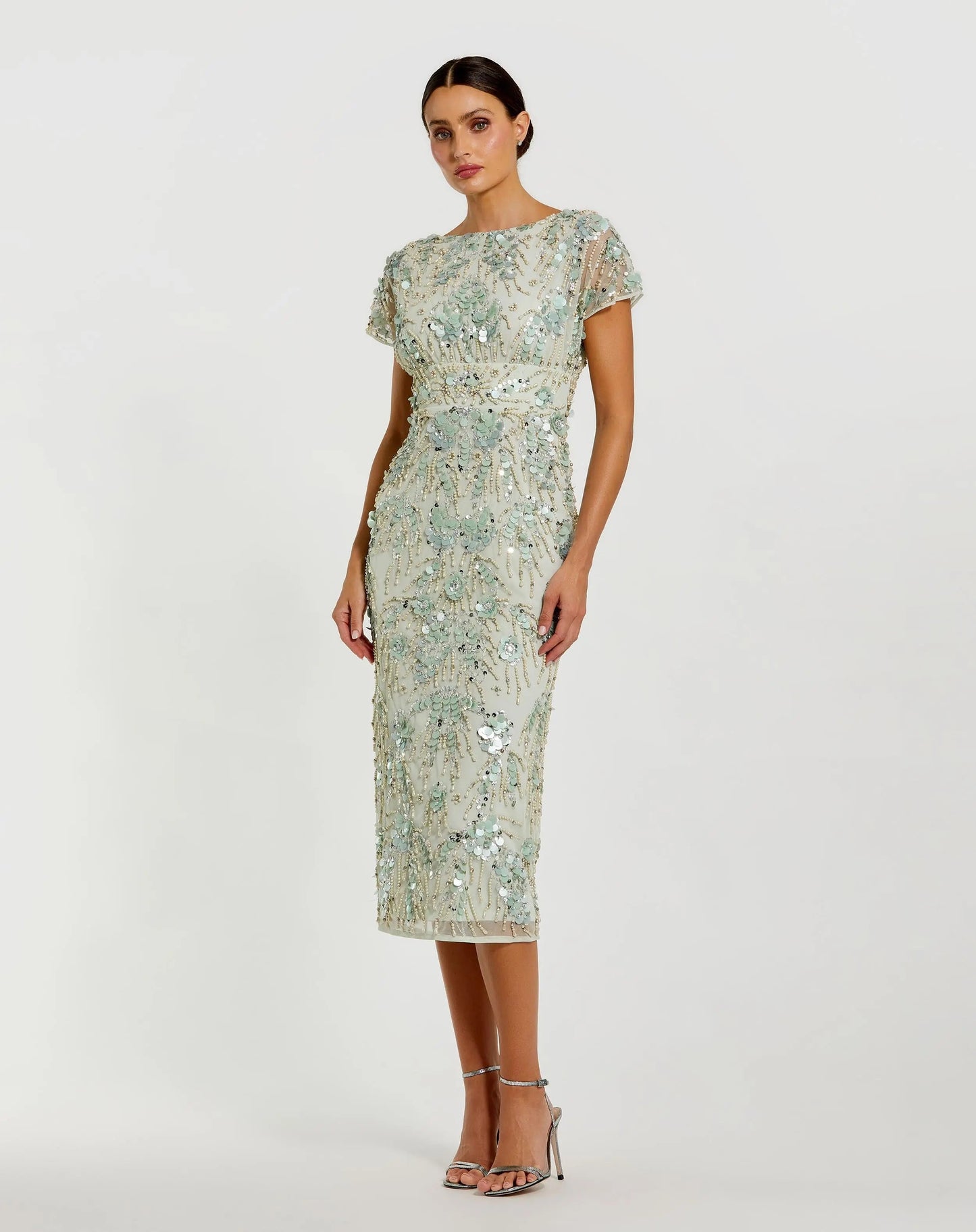 Green Embellished Mesh Fitted Cap Sleeve Cocktail Dress