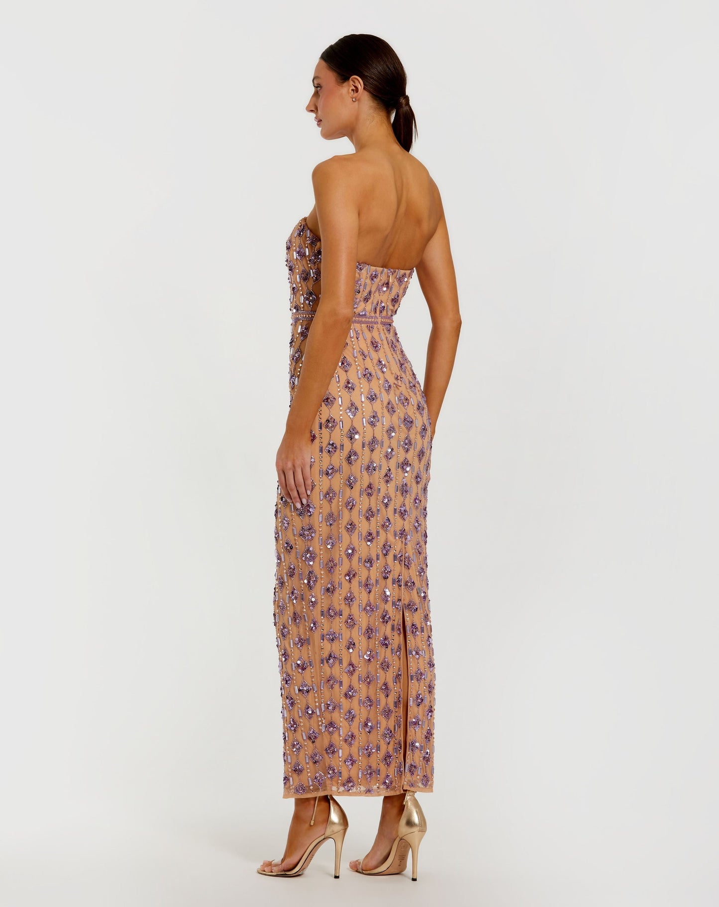 Beige and Purple Beaded Strapless Column Dress