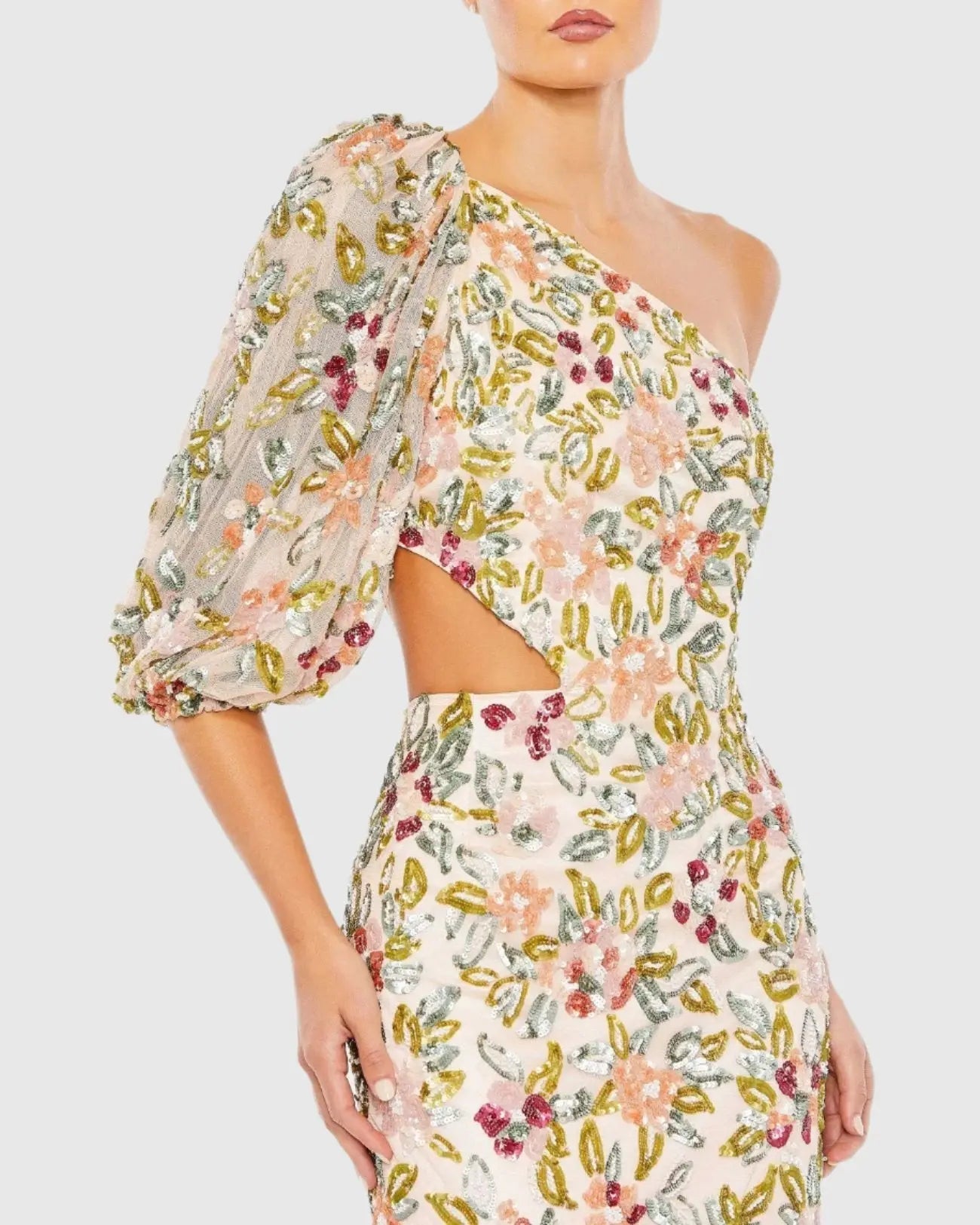 Beige One Shoulder Floral Embellished Gown