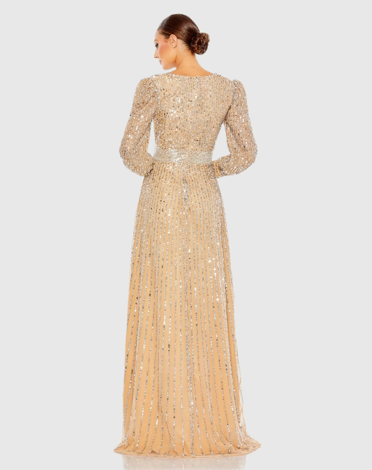 Beige Sequined Wrap Over Bishop Sleeve Gown