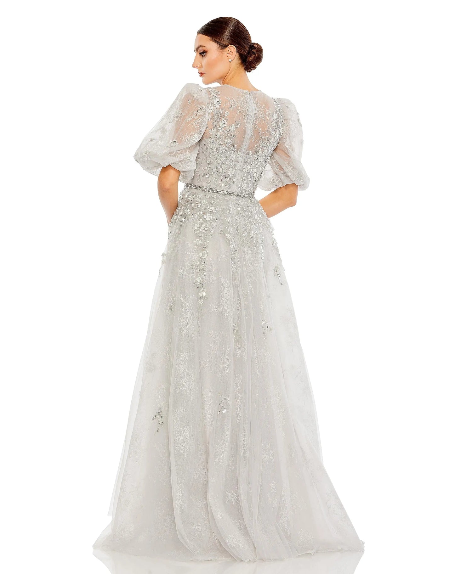 Gray Embellished Puff Sleeve A Line Gown