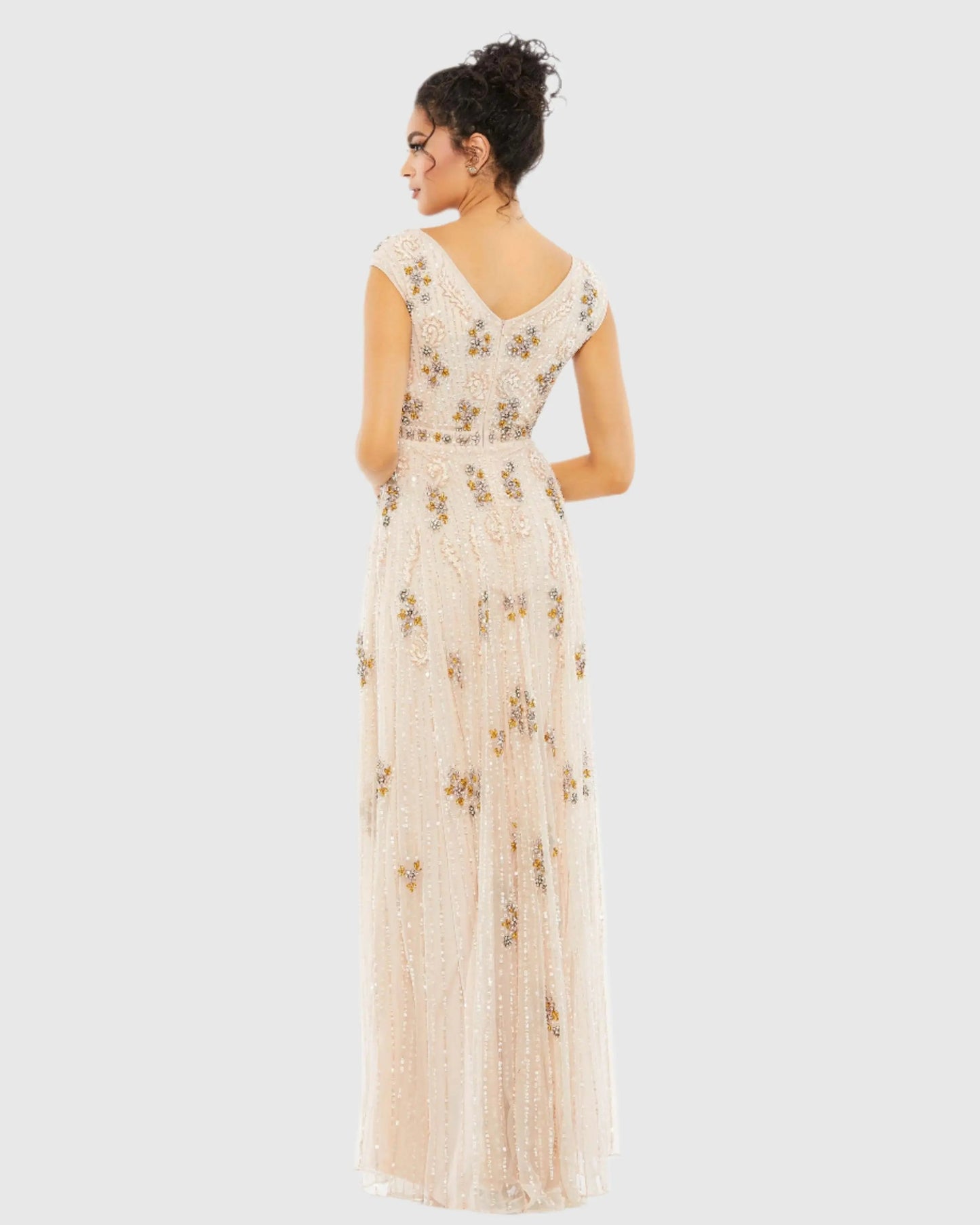 Pink Embellished Wrap Over Cap Sleeve A-Line Gown