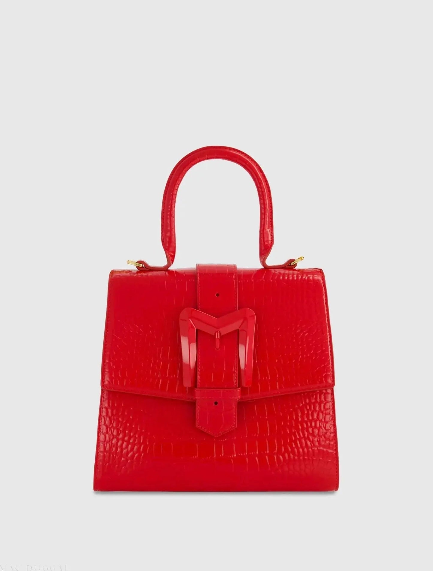 Red Buckled Medium Croco Leather Handbag with Detachable Strap