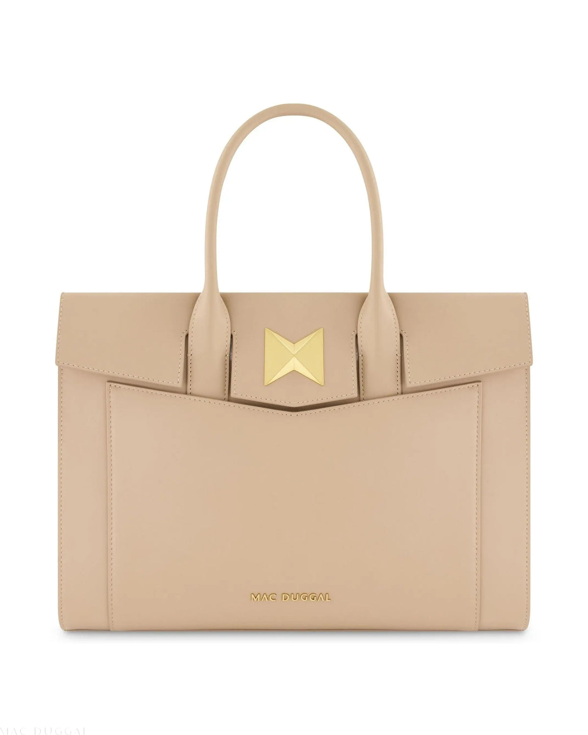 Beige Large Leather Briefcase Bag With Gold Hardware