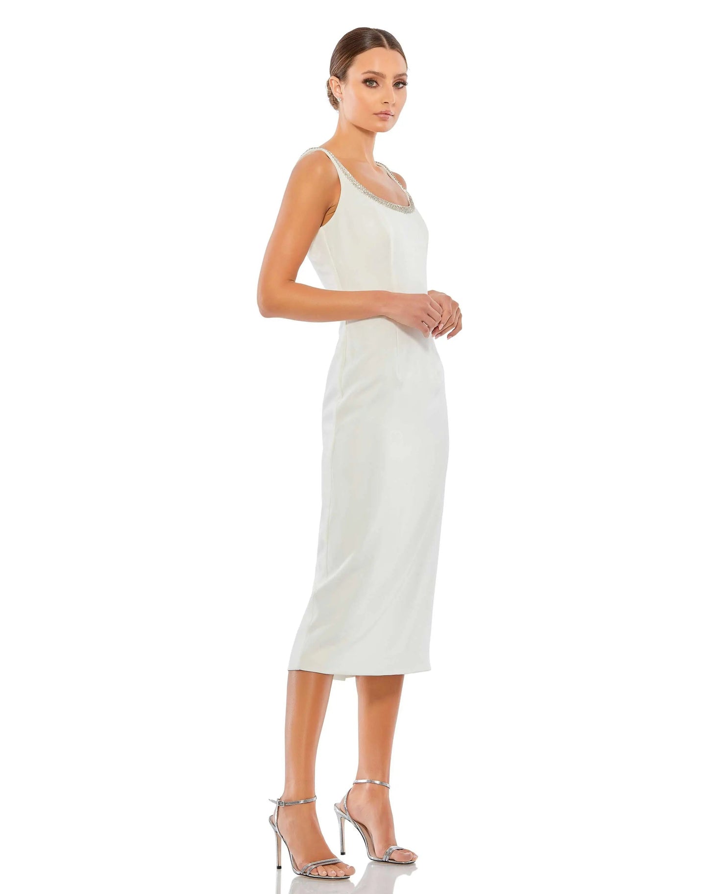 White Jeweled Scoop Neck Fitted Midi Dress