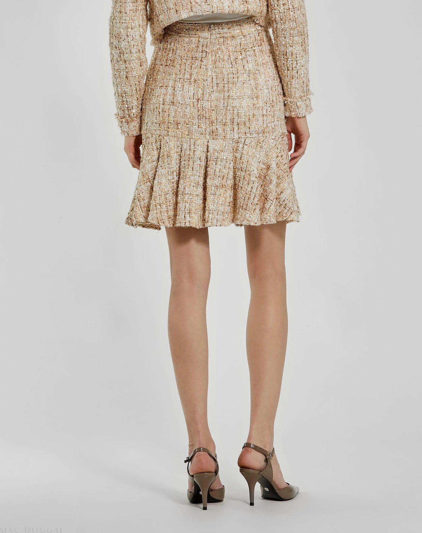 Beige High Waist Box Pleat Boucle Mini Skirt