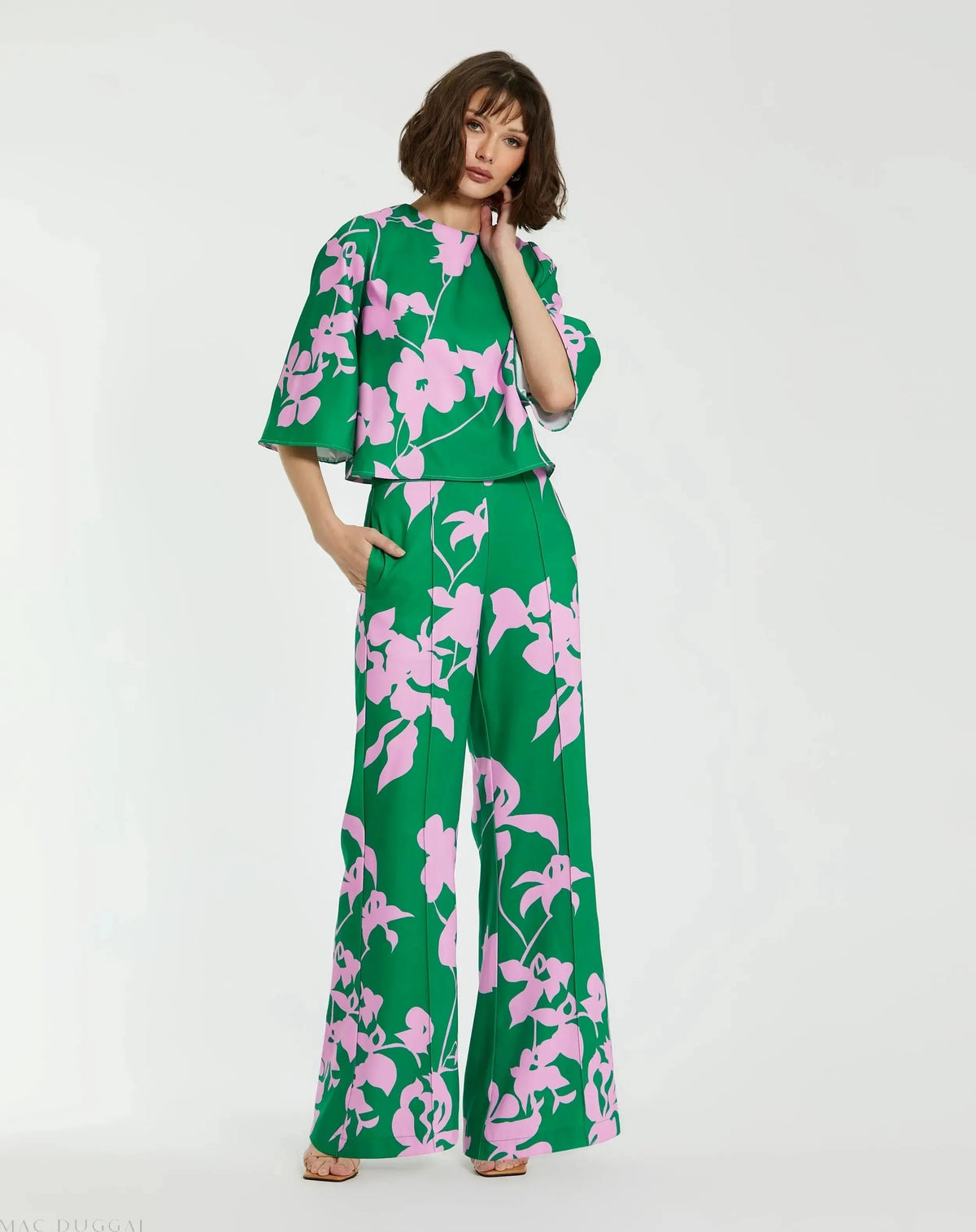 Green Printed Crepe 3/4 Bell Sleeve High Neck Top - FINAL SALE