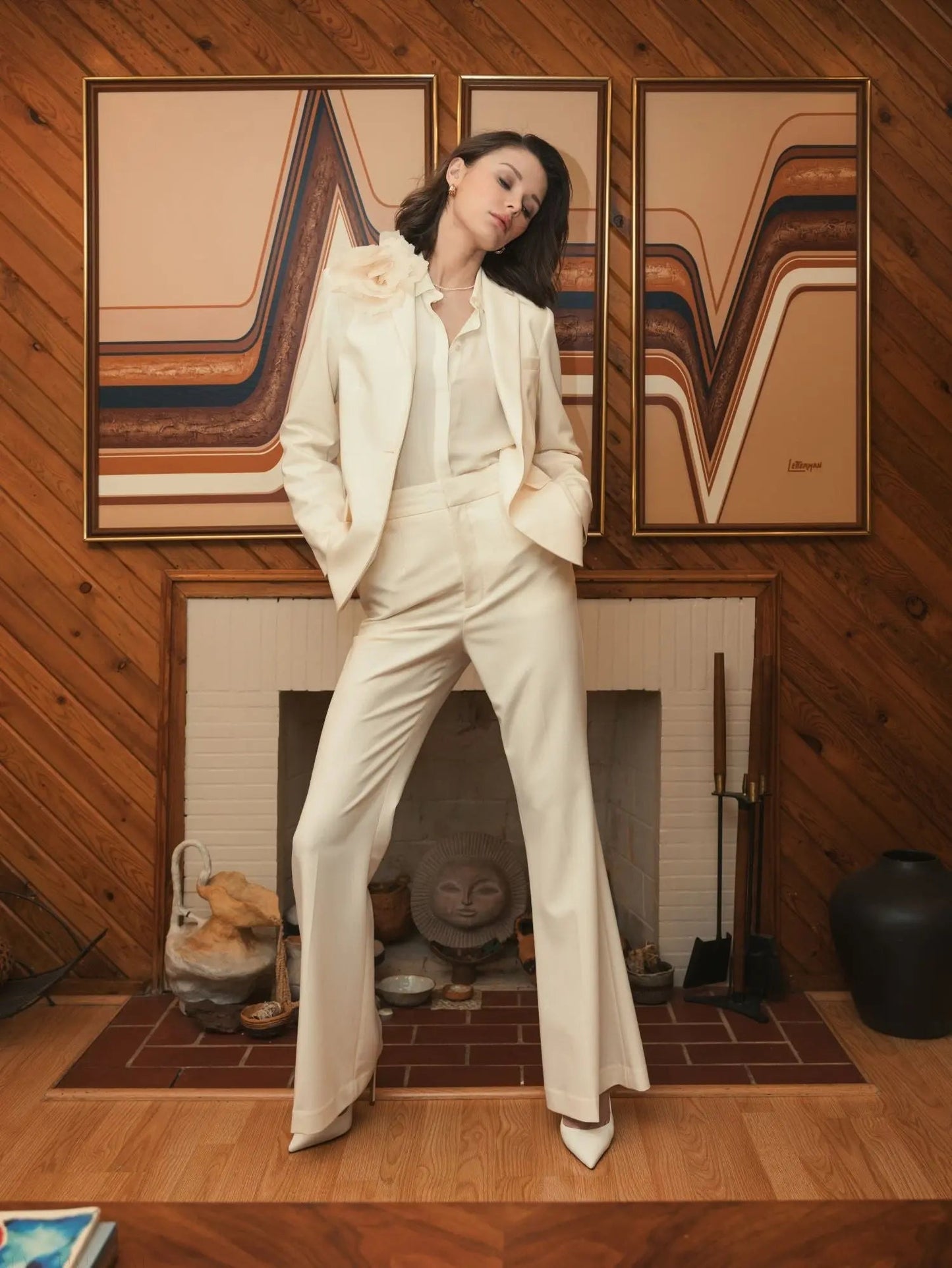 Ivory Classic Crepe Blazer Jacket With Flower - FINAL SALE