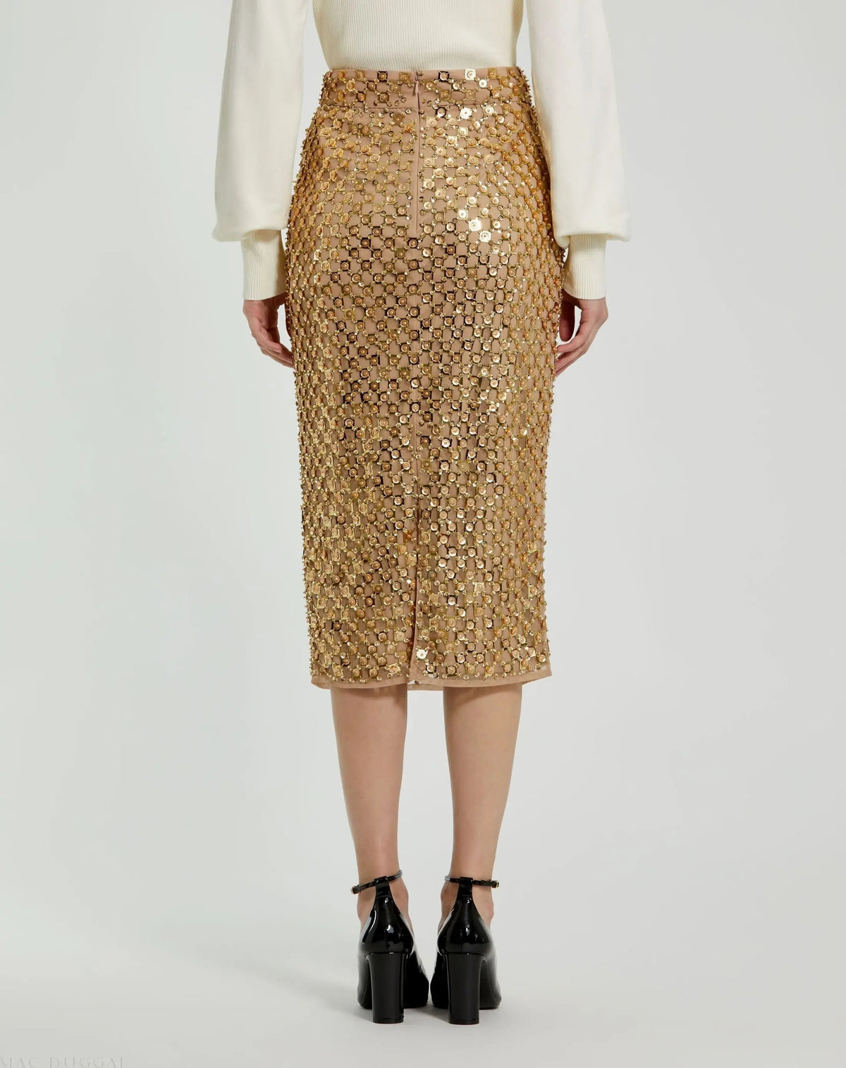 Gold Georgette Embellished Fitted Midi Pencil Skirt